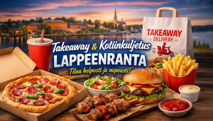 Takeaway ja kotiinkuljetus Lappeenrannassa, pizzaa, kebabeja ja kaupungin siluetti.